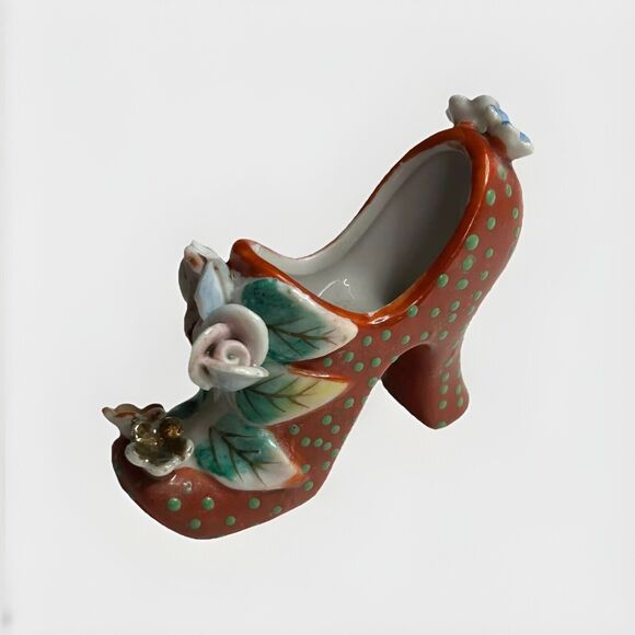Vintage Porcelain Shoe made in Japan Red with Green Polka dots miniature 3" - Picture 1 of 9